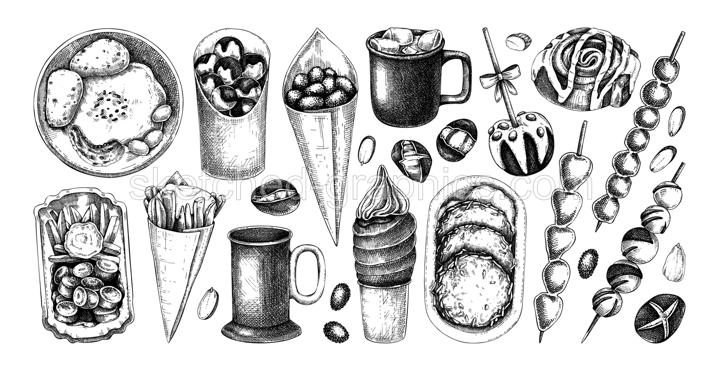 Traditional European Christmas market food sketches collection. Fast food menu design elements. Vintage hand-drawn vector illustration. Bakery, pastry, sweets, grilled meat, hot drinks sketches. Illustration